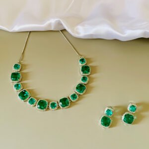 Silver Plated Ocean Green American Diamond Imitation Necklace and Earrings Set