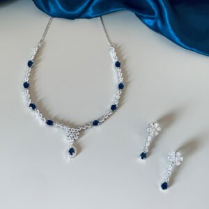 White and Blue American Diamond Imitation Jewellery Set in Silver Finish