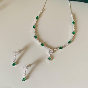 Green and White American Diamond Imitation Jewellery Set in Silver Finish