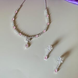 Light Pink and White American Diamond Imitation Jewellery Set in Silver Finish