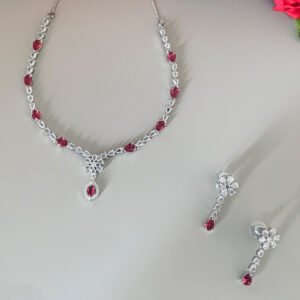 Pink Teardrop and White American Diamond Imitation Jewellery Set in Silver Finish