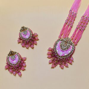 Gold Plated Kundan Imitation Long Necklace Set with Pink Beads and Matching Earrings