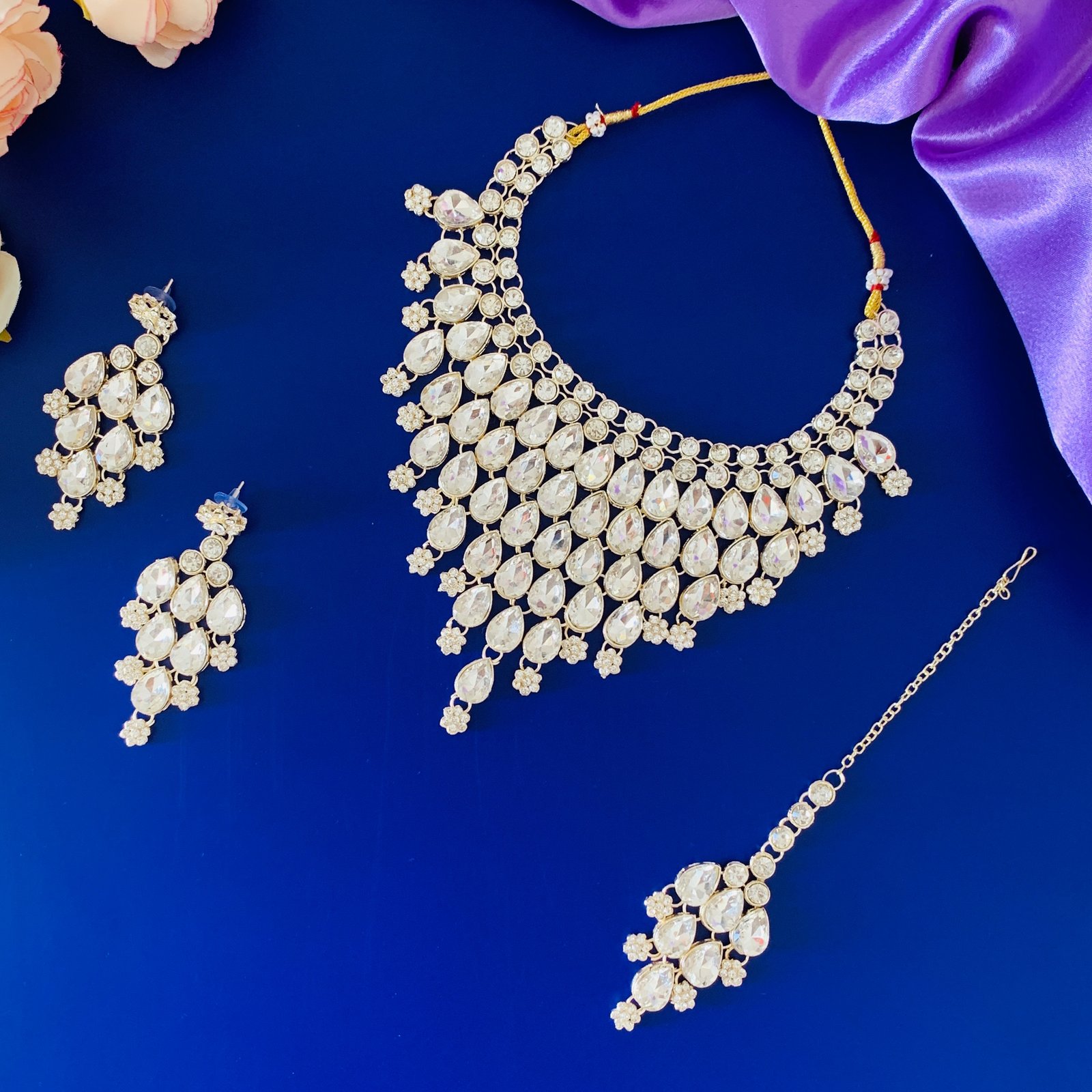 Silver Plated White CZ Statement Necklace Earrings Maang Tikka Set