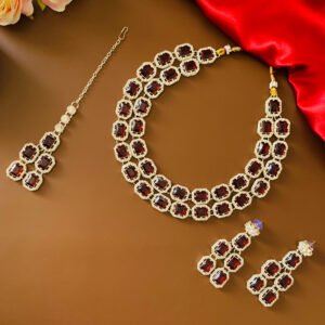 Silver Plated Maroon CZ Necklace Earrings Maang Tikka Set