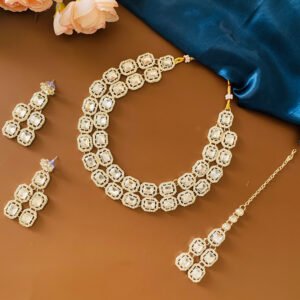 Silver Plated White Imitation CZ Necklace Earrings Maang Tikka Set