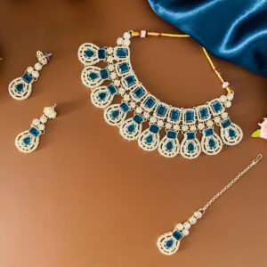 Silver Plated Blue Imitation CZ Necklace Earrings Maang Tikka Set