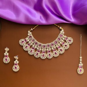 Silver Plated Purple Imitation CZ Necklace Earrings Maang Tikka Set