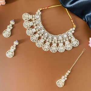 Silver Plated White Imitation CZ Necklace Earrings Maang Tikka Set