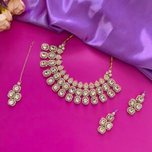 Silver Plated White CZ Imitation Necklace Earrings Maang Tikka Ensemble