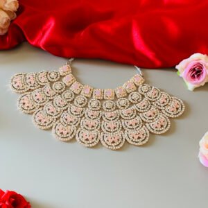 Gold Plated Pink CZ Necklace Earrings Maang Tikka Set