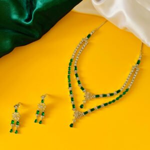 Silver Plated Green–White American Diamond Imitation Necklace Earrings Set