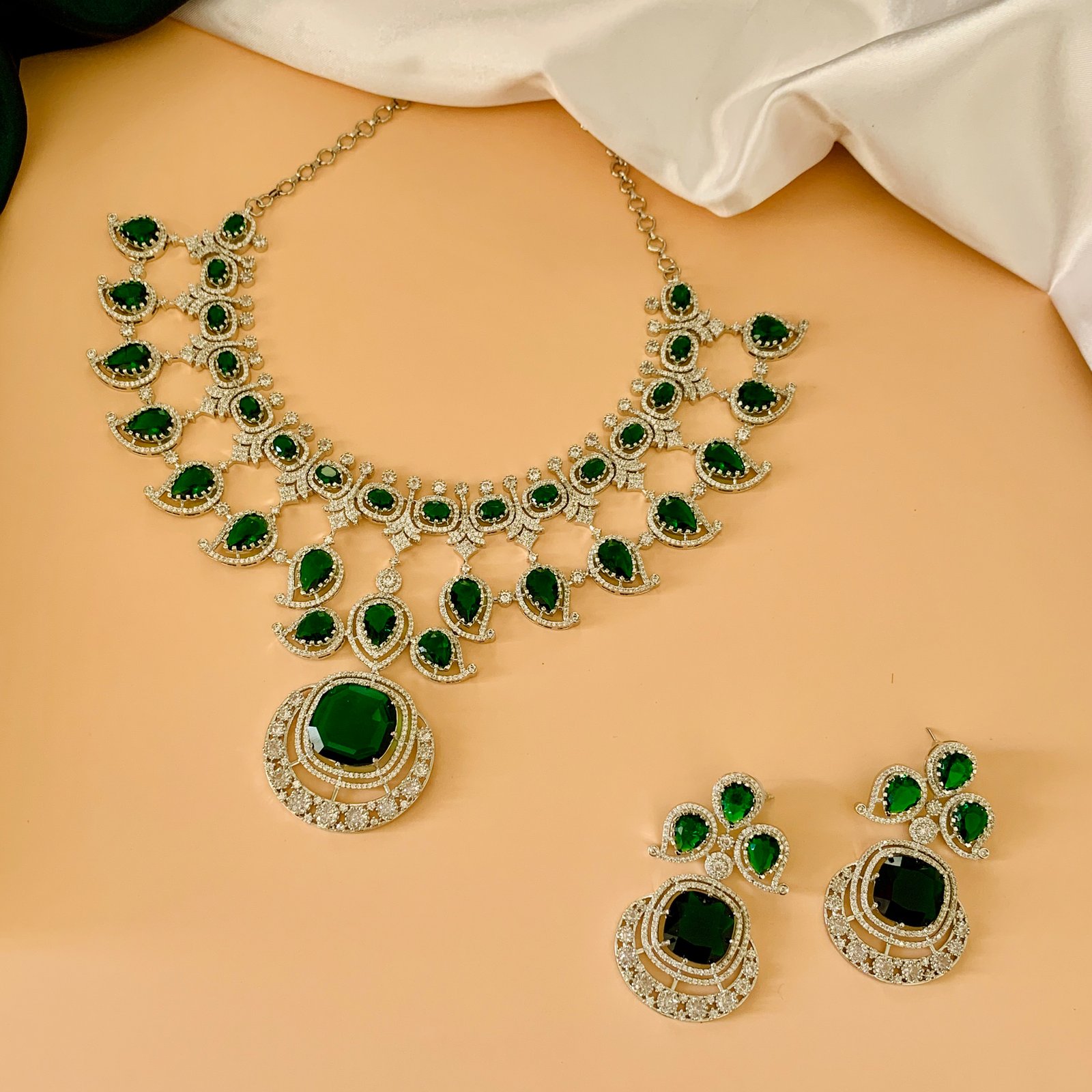 Silver Plated Green–White American Diamond Imitation Necklace Earrings Set