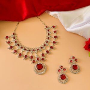 Silver Plated Pink–White American Diamond Imitation Necklace Earrings Set