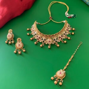 Gold Plated Red Green Polki Kundan Imitation Choker Set