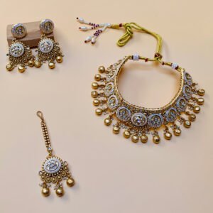 Gold Plated White Polki and Kundan Imitation Choker Necklace Set with Earrings and Maang Tikka