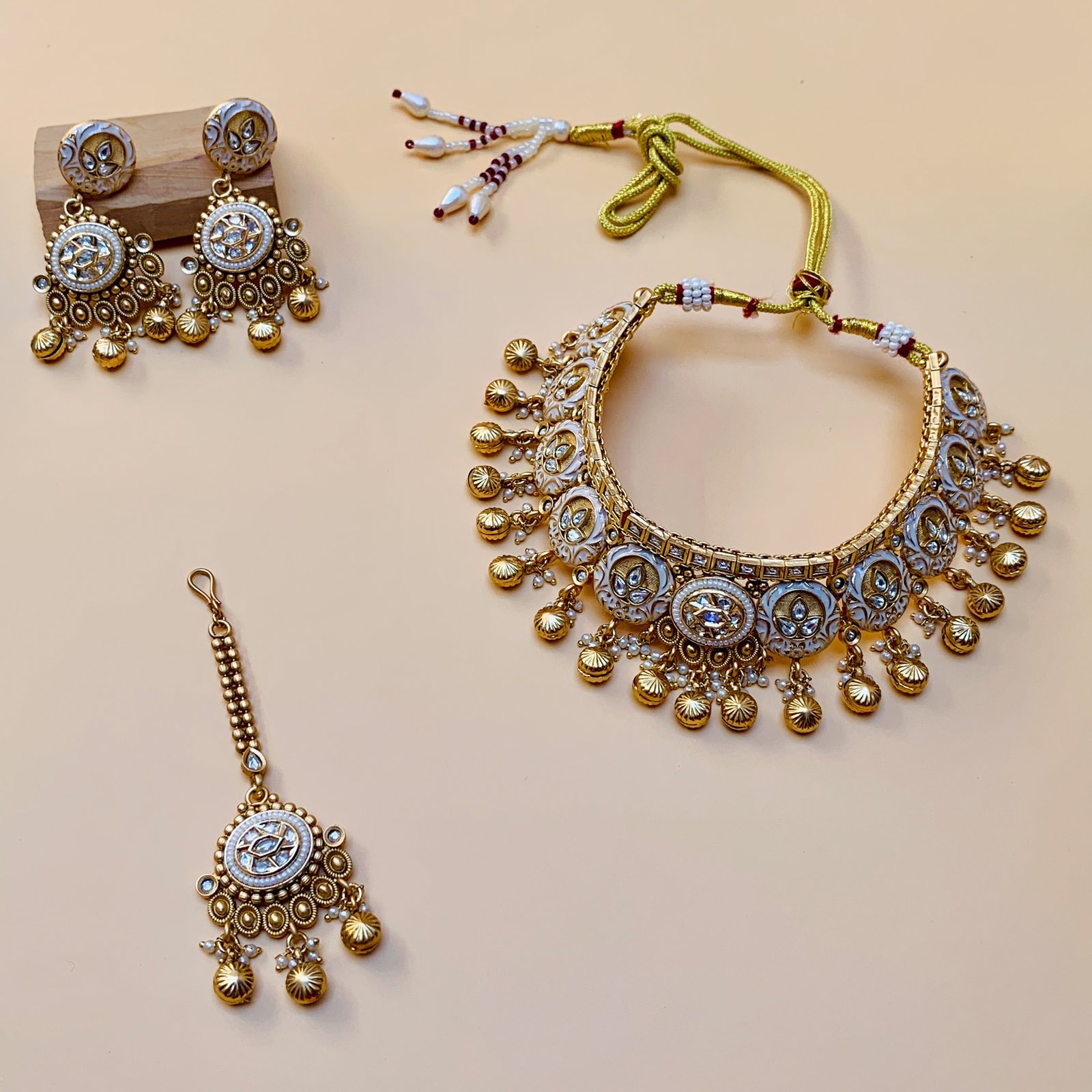 Gold Plated White Polki and Kundan Imitation Choker Necklace Set with Earrings and Maang Tikka