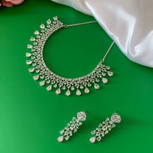 Silver Plated White American Diamond Necklace and Earrings Set