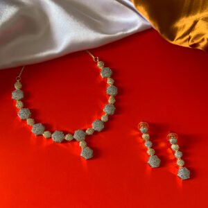 Gold Plated Hexagonal American Diamond Imitation Necklace and Earrings Set
