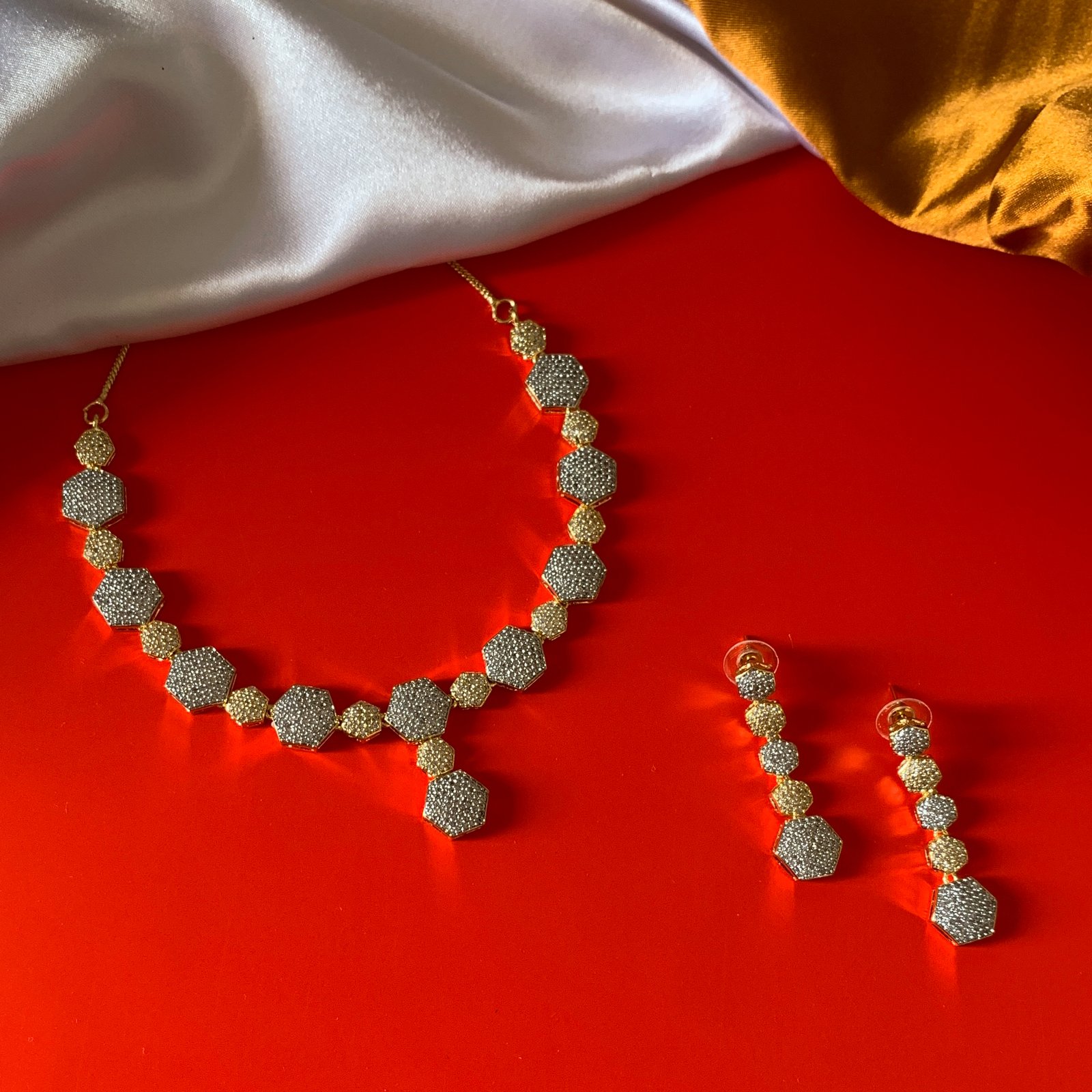 Gold Plated Hexagonal American Diamond Imitation Necklace and Earrings Set