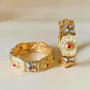 Gold Plated Imitation Kada Polki Enamel Royal Bangle Set