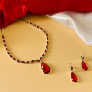 Silver Plated Dark Pink American Diamond Imitation Necklace Earrings Set