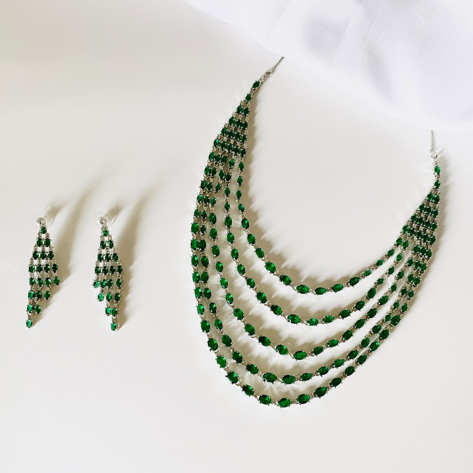 Silver Plated Green and White American Diamond Imitation Layered Necklace Set with Matching Earrings