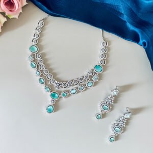 Silver Plated Mint Green American Diamond Imitation Necklace Earrings Set