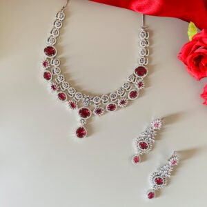 Silver Plated Pink and White American Diamond Imitation Necklace and Earrings Set