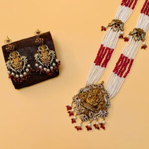Gold Plated Temple Style Lord Ganesh Imitation Necklace Set with Pink and White Stones