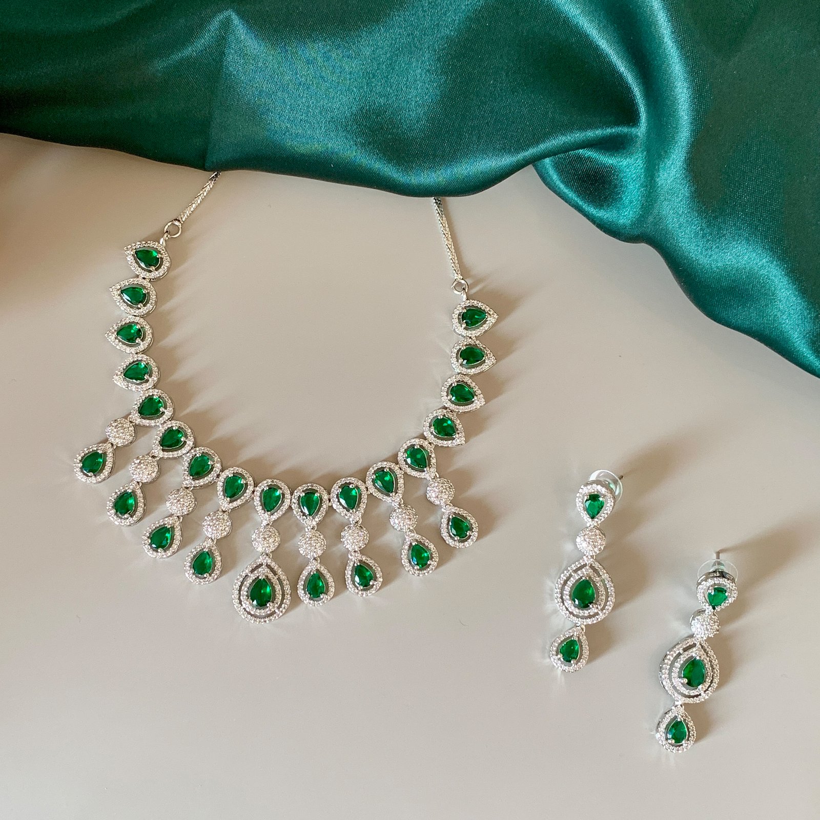 Silver Plated Green and White American Diamond Imitation Necklace and Earrings Set
