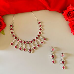 Silver Plated Pink and White American Diamond Imitation Necklace and Earrings Set