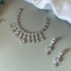 Silver Plated White American Diamond Imitation Necklace and Earrings Set