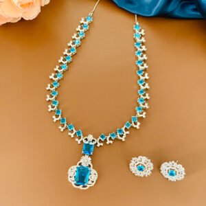 Silver Plated Sky Blue Statement Pendant Imitation Necklace and Earrings Set