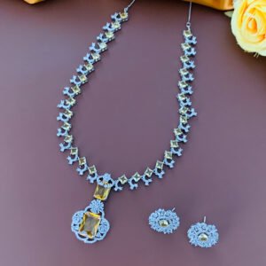 Silver Plated Yellow and White American Diamond Imitation Necklace and Earrings Set