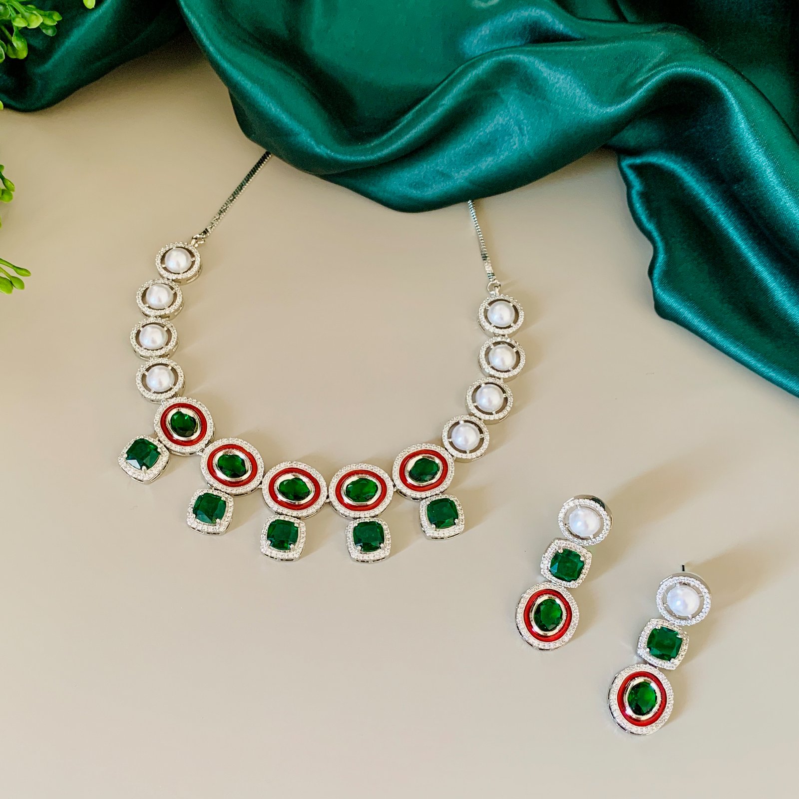 Silver Plated Green and White American Diamond Imitation Necklace and Earrings Set with Artificial Moti