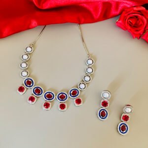 Silver Plated Pink and White American Diamond Imitation Necklace and Earrings Set with Artificial Moti