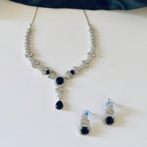 Silver Plated Black and White American Diamond Imitation Necklace and Earrings Set
