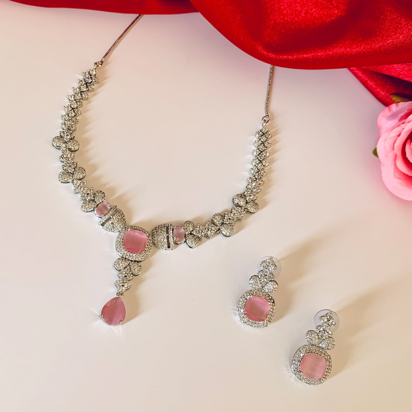 Silver Plated Pink Teardrop and American Diamond Imitation Necklace and Earrings Set