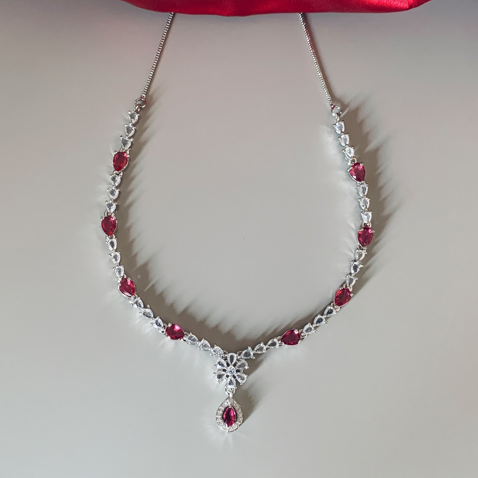 Pink Teardrop and White American Diamond Imitation Jewellery Set in Silver Finish - Image 2