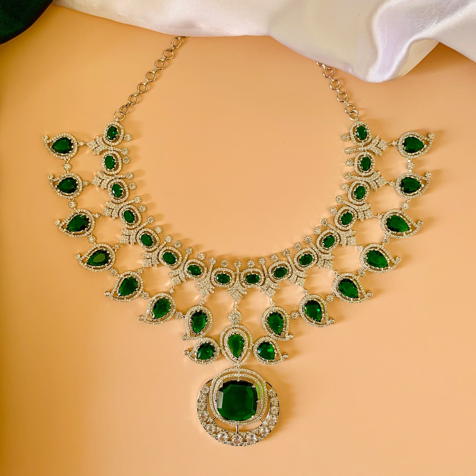 Silver Plated Green–White American Diamond Imitation Necklace Earrings Set - Image 2