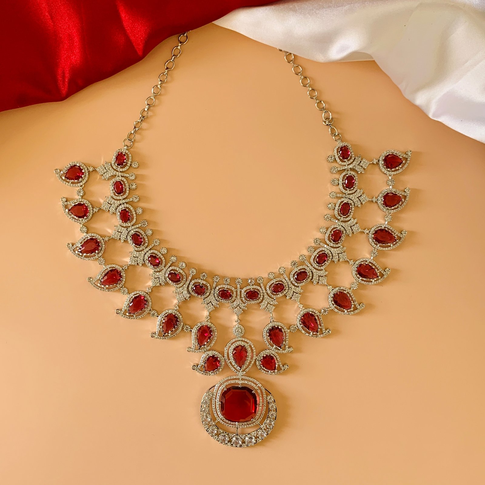 Silver Plated Pink–White American Diamond Imitation Necklace Earrings Set - Image 2