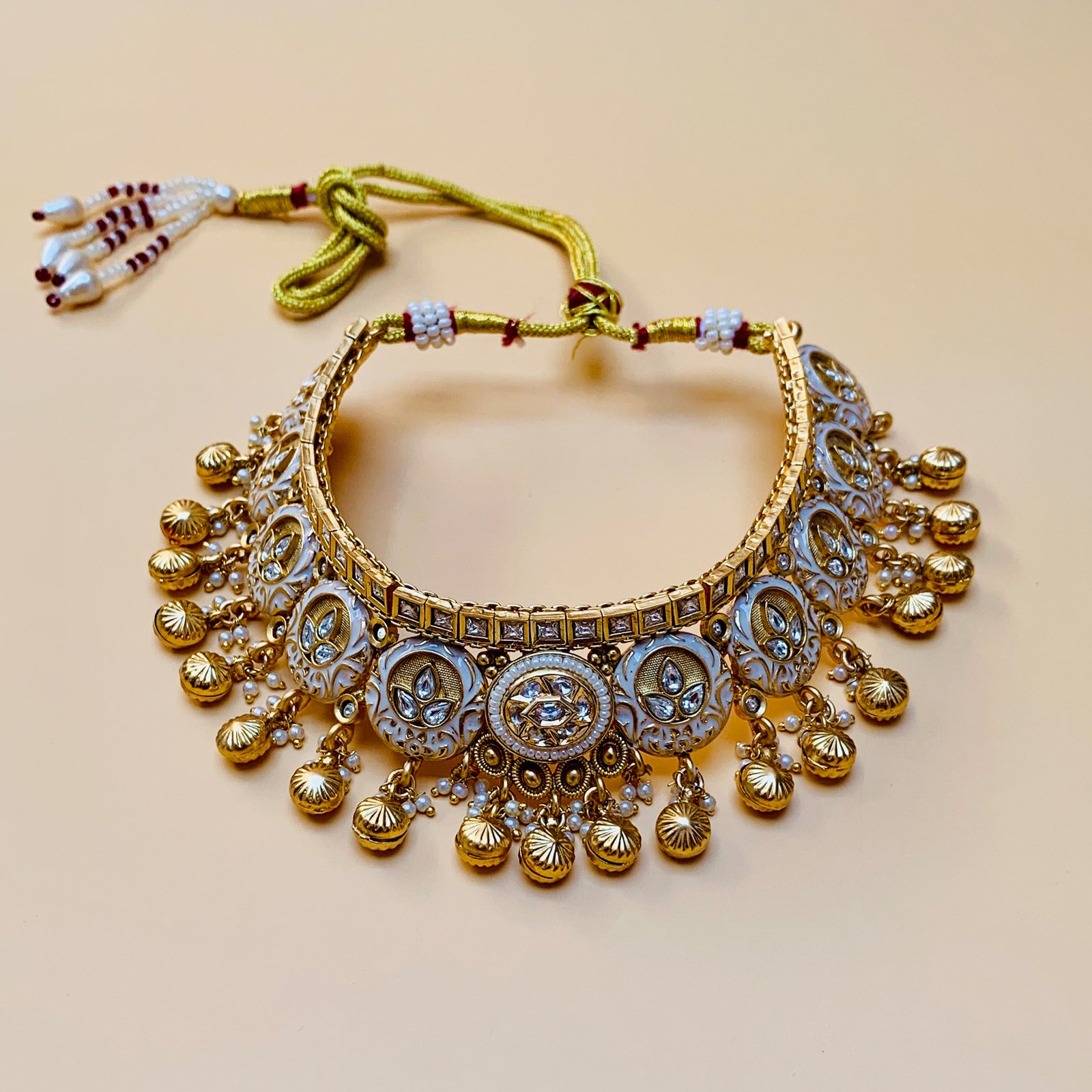Gold Plated White Polki and Kundan Imitation Choker Necklace Set with Earrings and Maang Tikka - Image 2