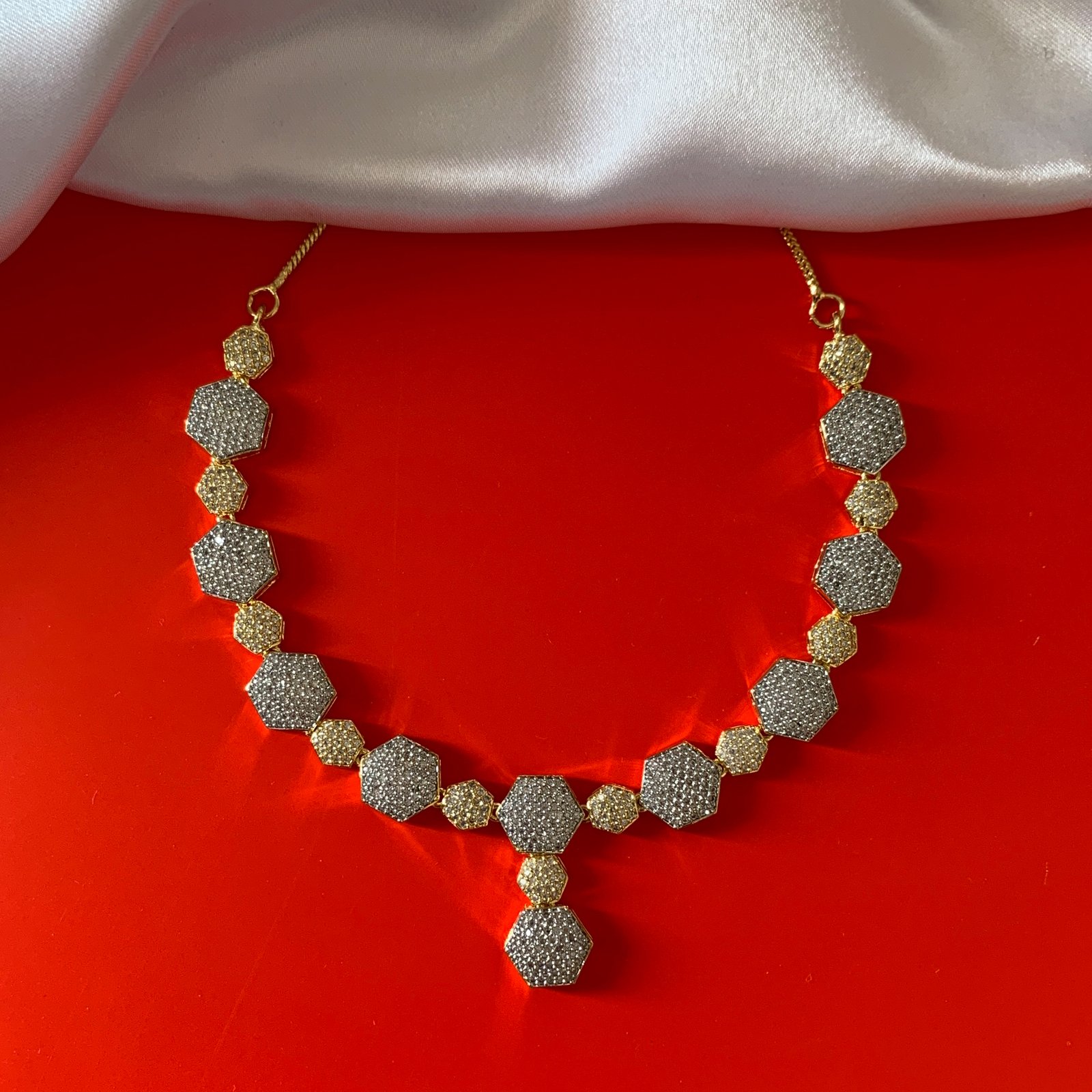 Gold Plated Hexagonal American Diamond Imitation Necklace and Earrings Set - Image 2