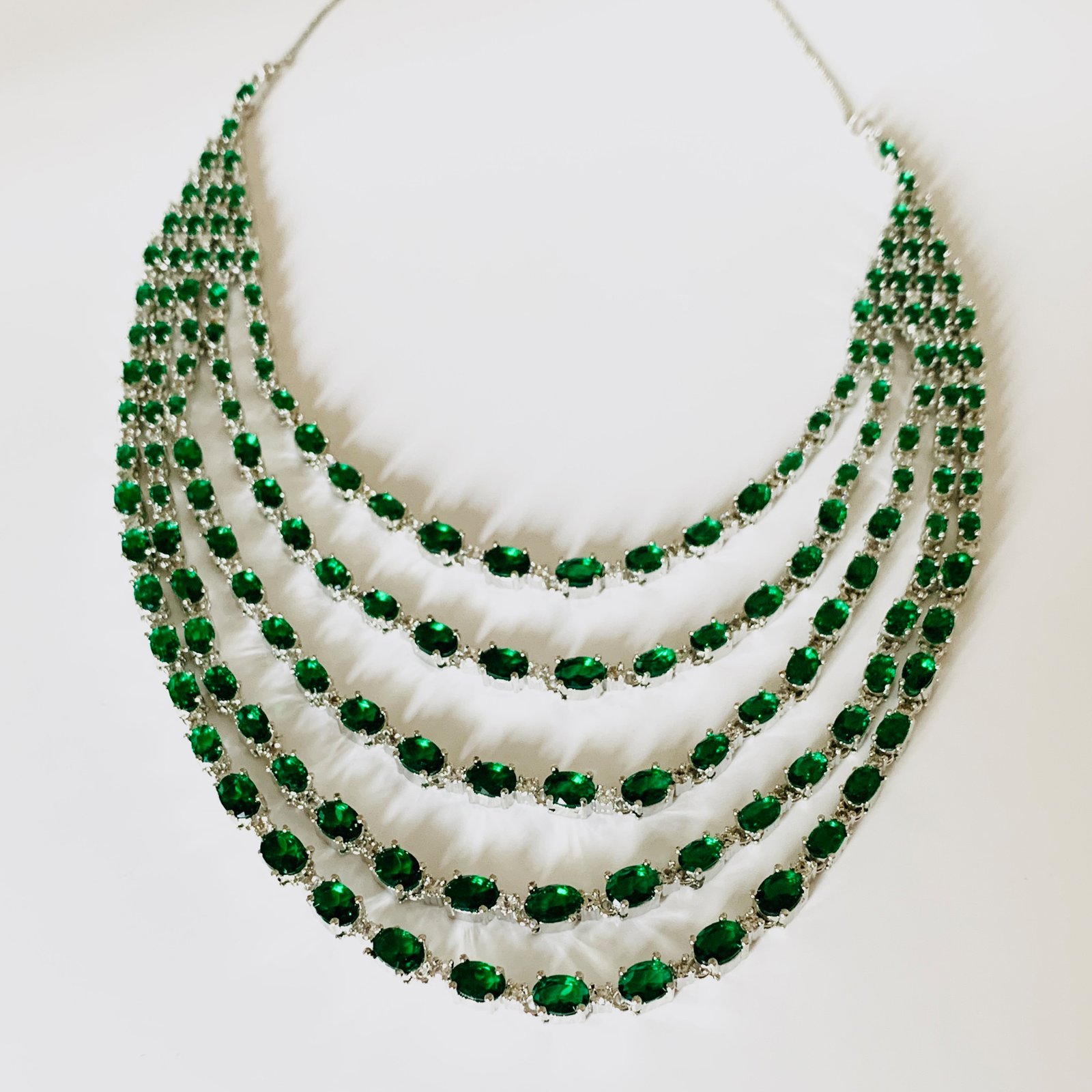 Silver Plated Green and White American Diamond Imitation Layered Necklace Set with Matching Earrings - Image 2