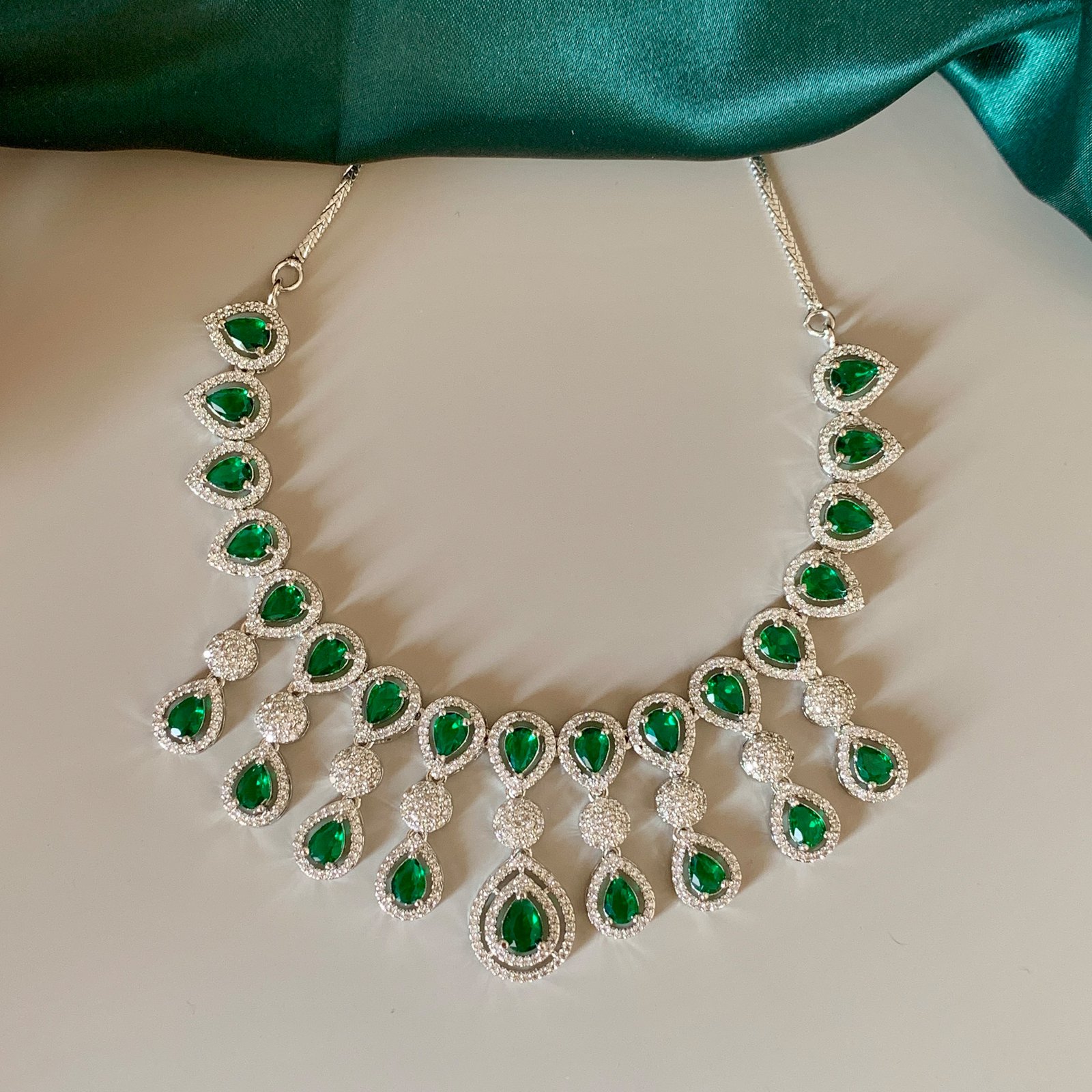 Silver Plated Green and White American Diamond Imitation Necklace and Earrings Set - Image 2