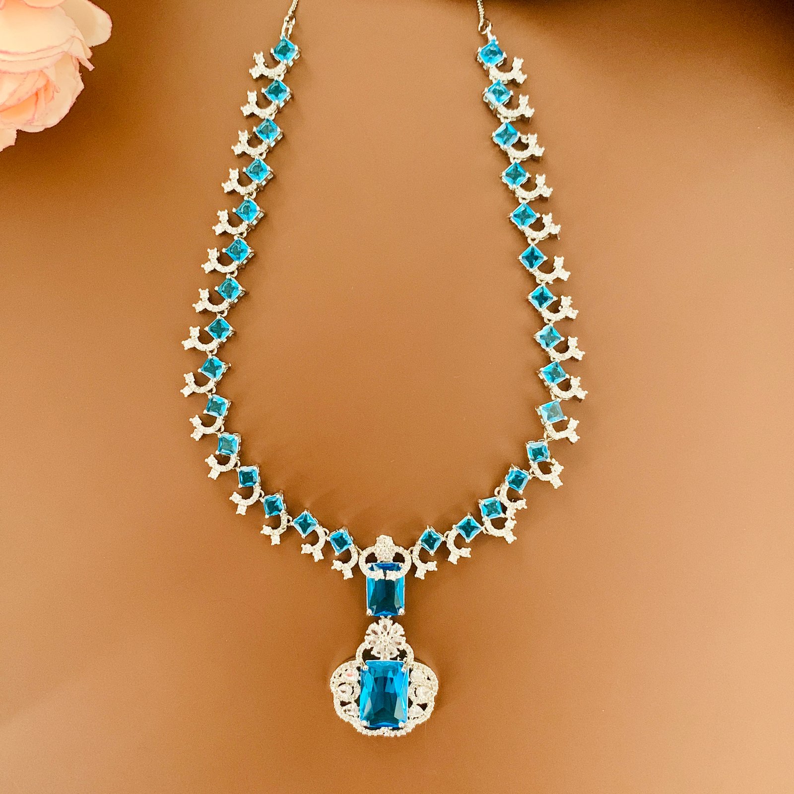 Silver Plated Sky Blue Statement Pendant Imitation Necklace and Earrings Set - Image 2