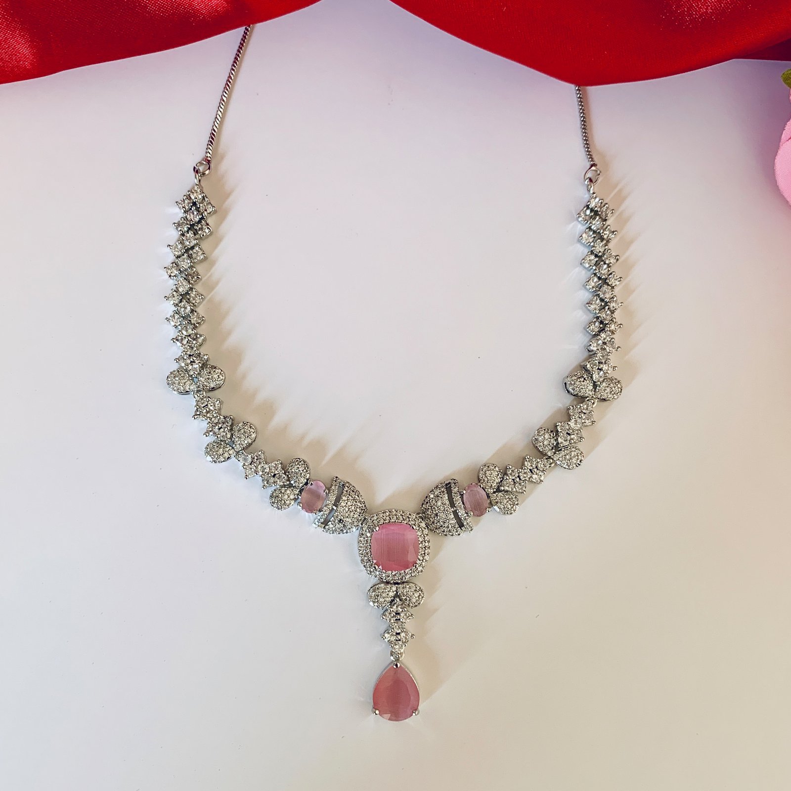 Silver Plated Pink Teardrop and American Diamond Imitation Necklace and Earrings Set - Image 2