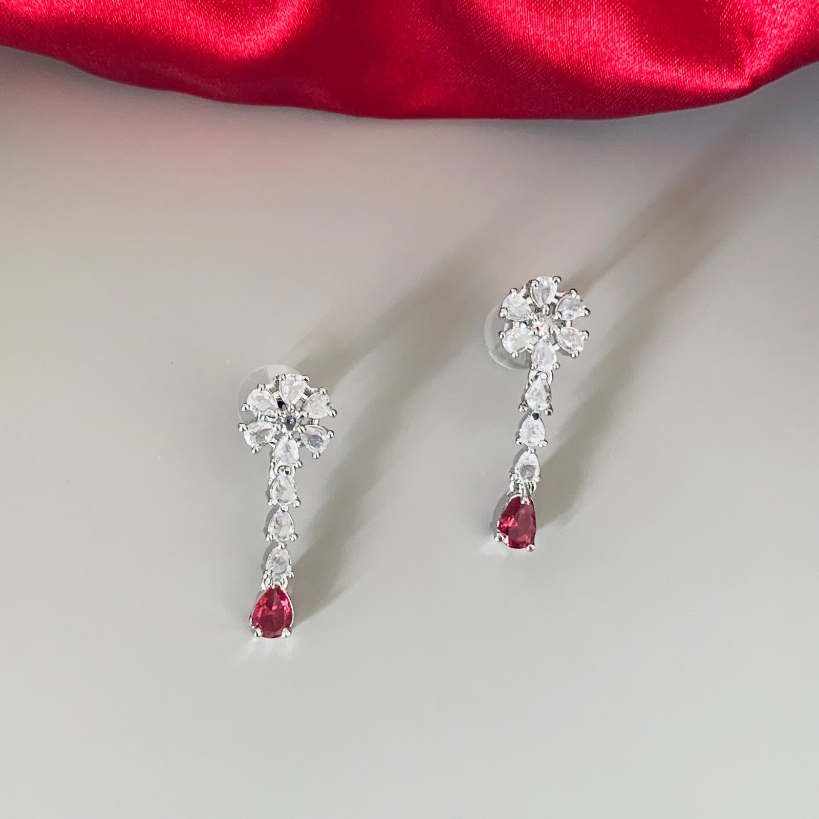Pink Teardrop and White American Diamond Imitation Jewellery Set in Silver Finish - Image 3