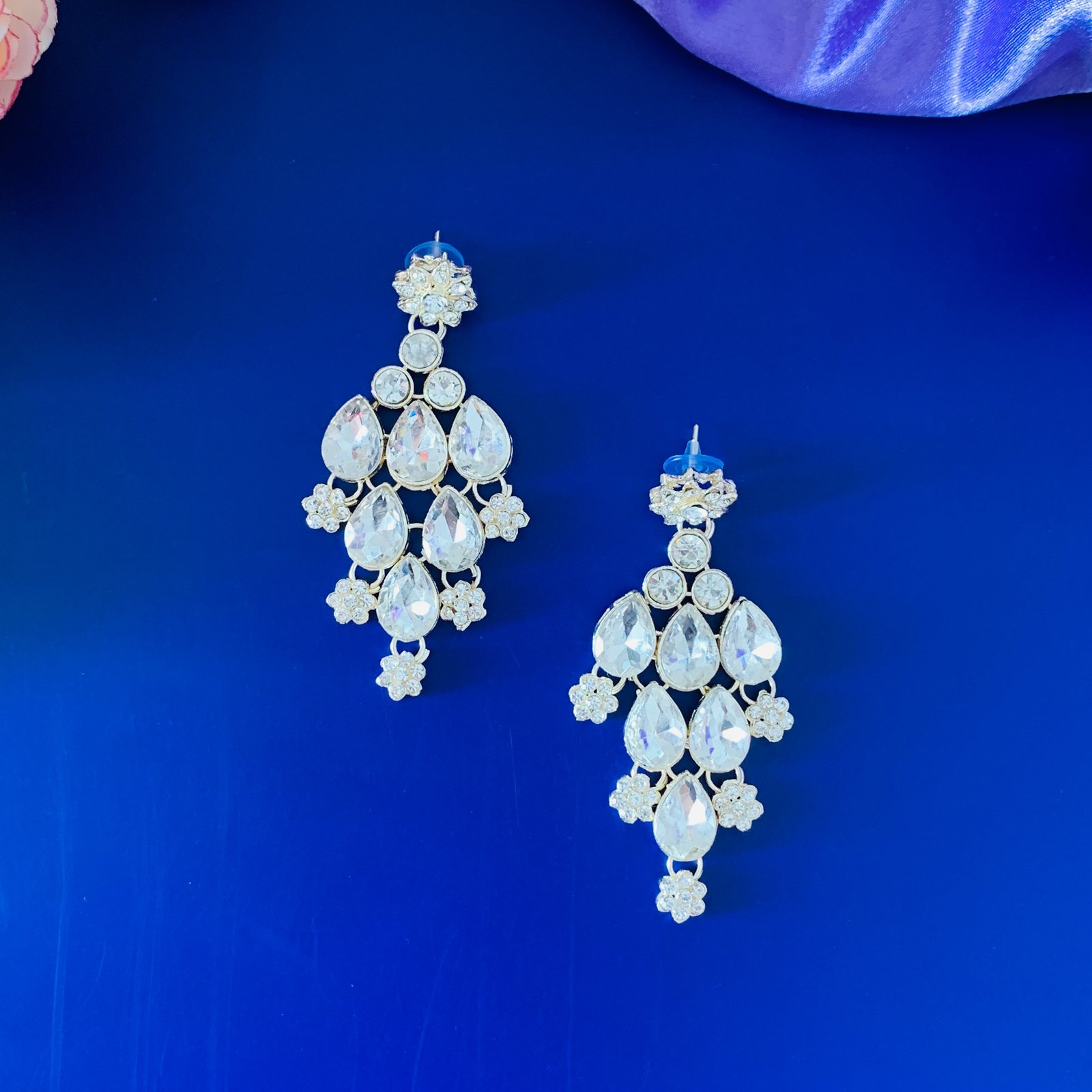 Silver Plated White CZ Statement Necklace Earrings Maang Tikka Set - Image 3
