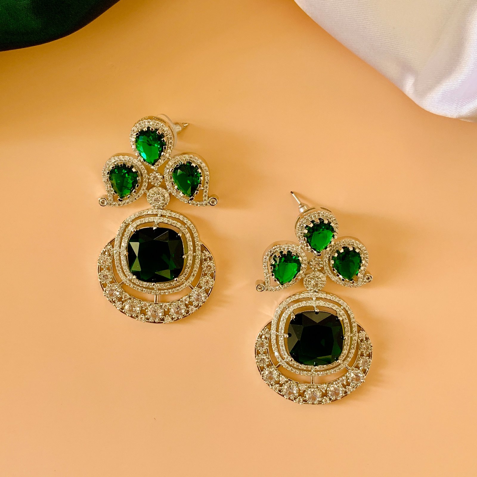 Silver Plated Green–White American Diamond Imitation Necklace Earrings Set - Image 3